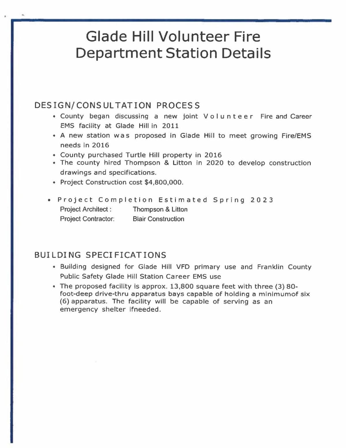 Glade Hill fire station details