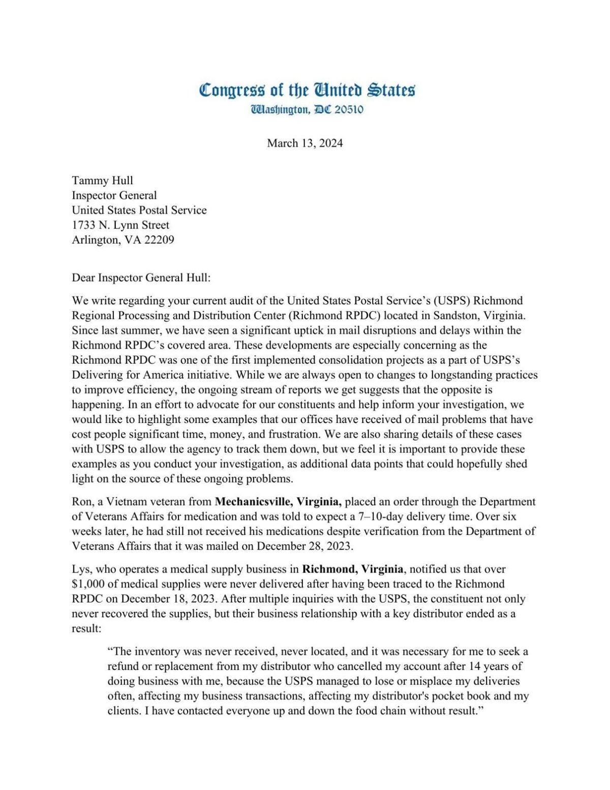 Congressional letter