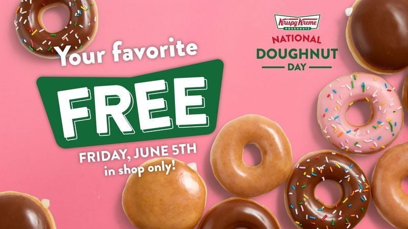 Customers can get a free doughnut of their choice at Krispy Kreme in honor of National Donut Day on Friday, June 5.