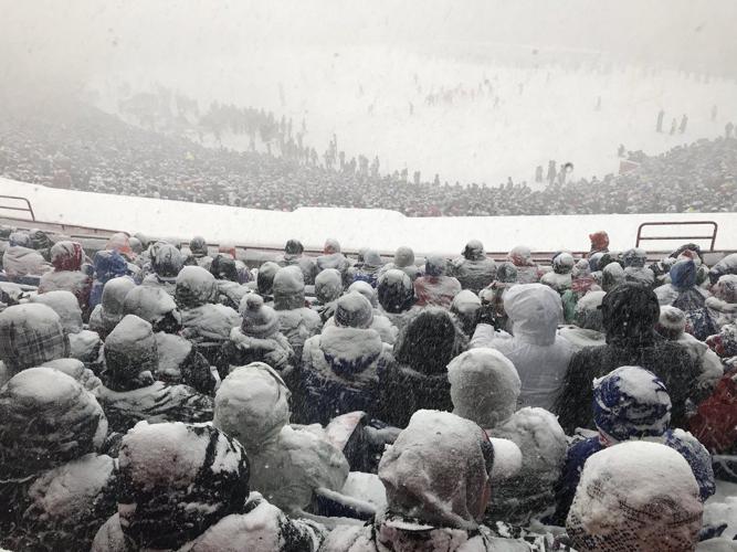 Bills fans in snow at stadium