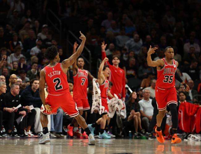 Chicago Bulls guard Collin Sexton (2) celebrates during a game on March 5, 2026.