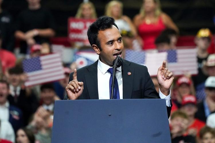 Ohio Governor candidate Vivek Ramaswamy speaks during a rally at Butler High School on Saturday, Oct. 3, 2026, in Vandalia, Oh. President Donald Trump will speak at the event.