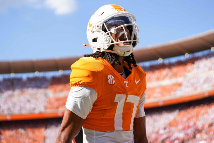Tennessee wide receiver Chris Brazzell II (17) yells in celebration after scoring a touchdown during a NCAA football game between Tennessee and Georgia at Neyland Stadium in Knoxville, Tennessee, on September 13, 2025.