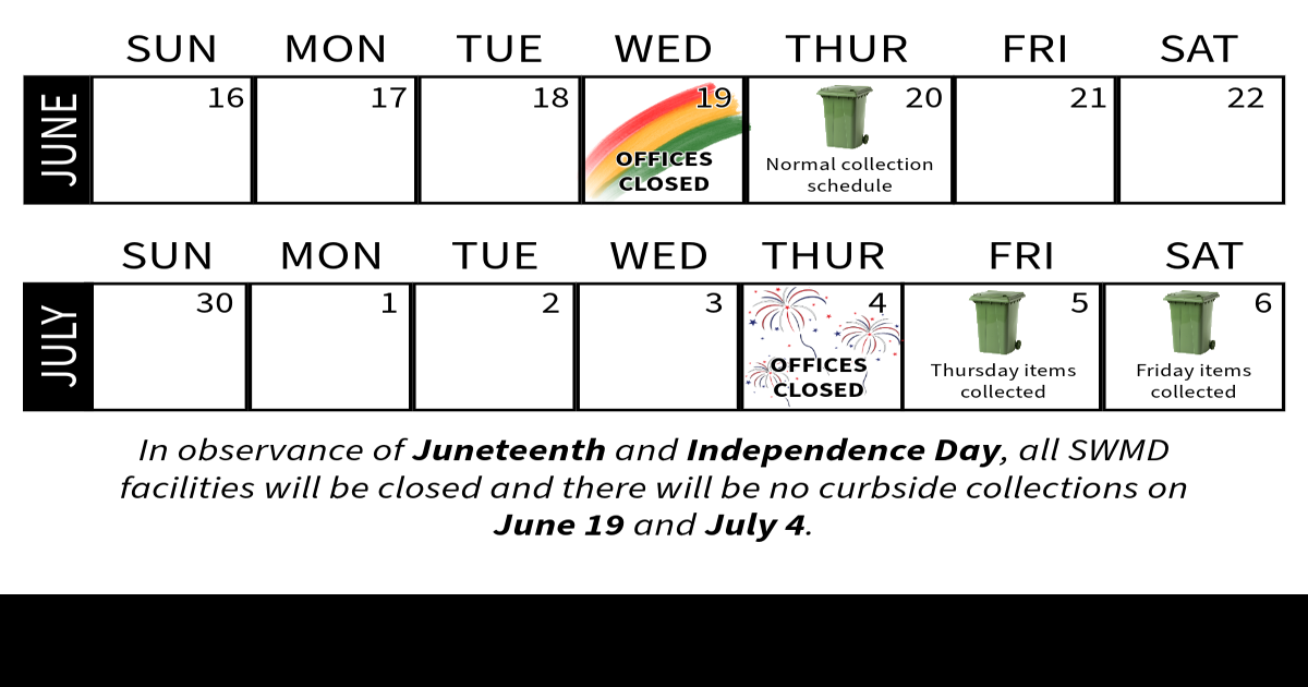 Solid Waste Management Department (SWMD) collection and facility schedule for Juneteenth and Independence Day holidays