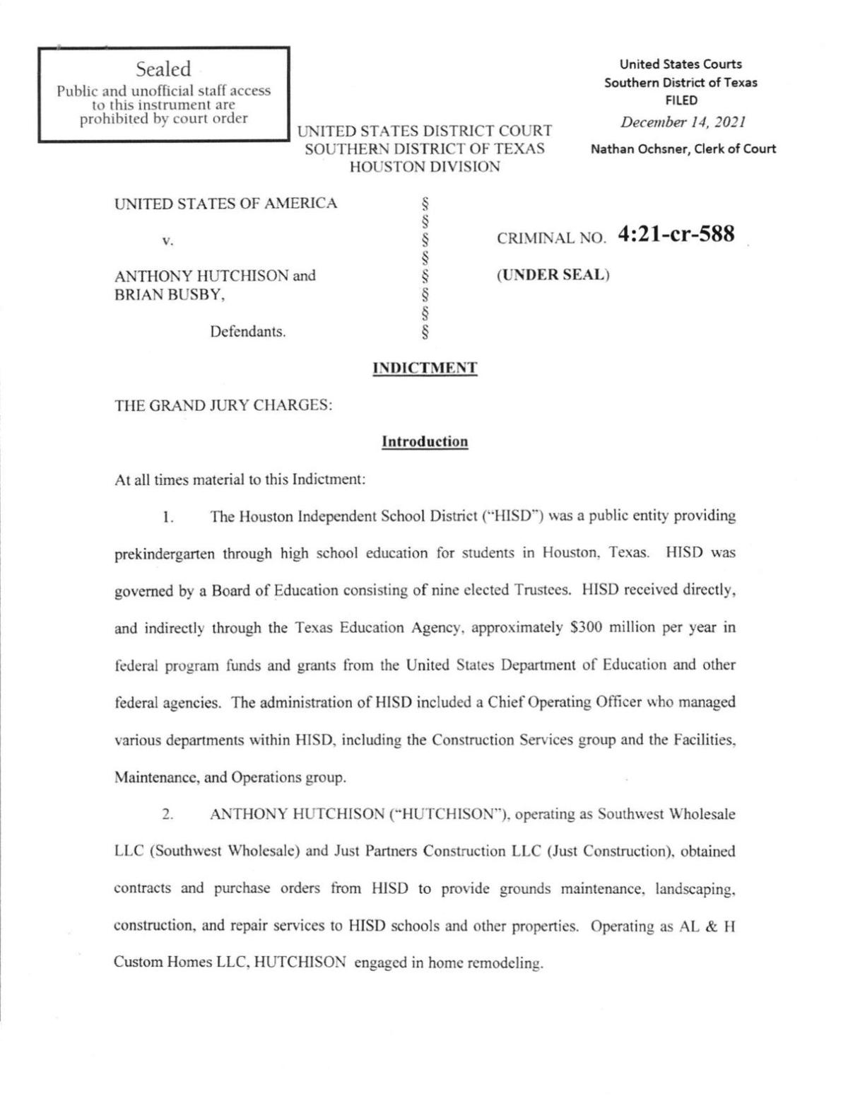 Busby-Hutchison HISD Indictment