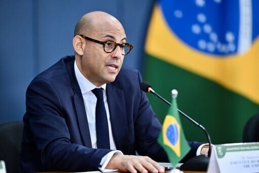 UN Climate Change Executive Secretary Simon Stiell delivers a statement at Rio Branco Institute in Brasilia