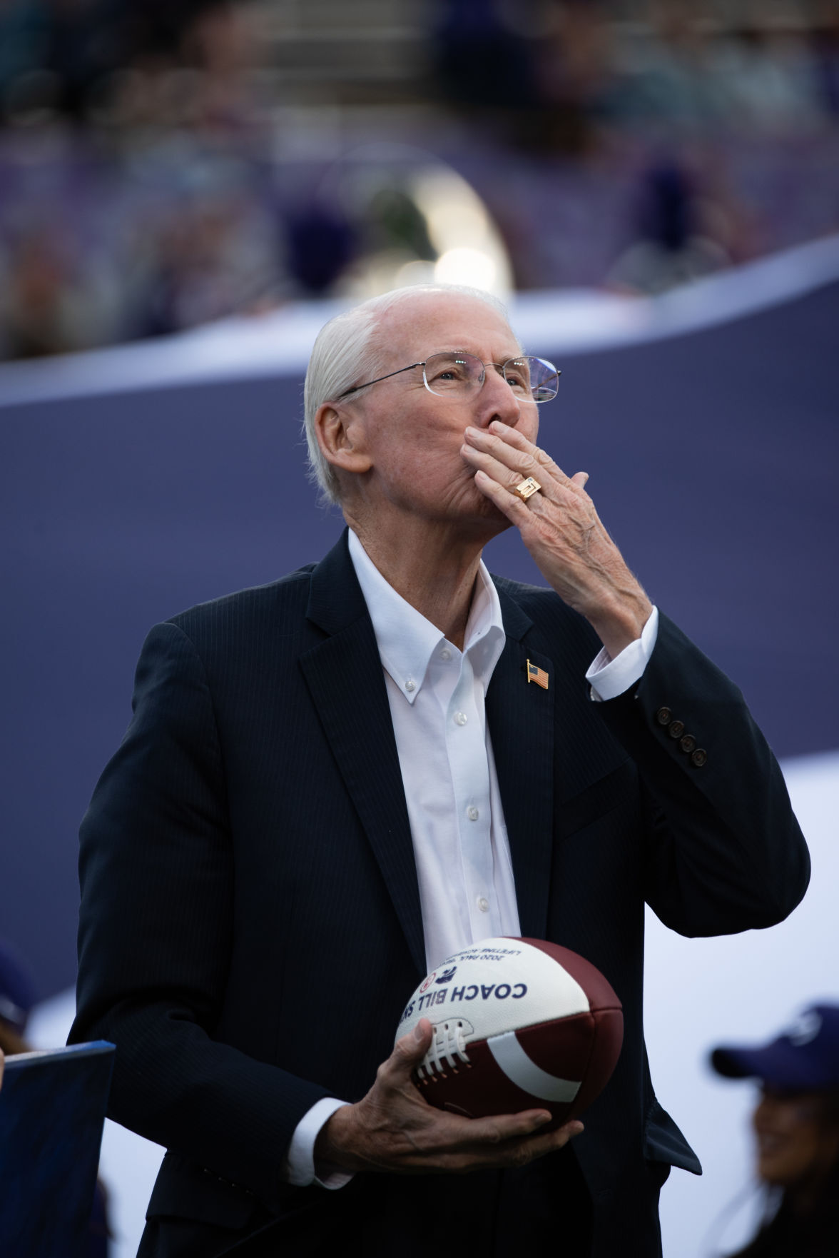 Former Kansas State head football coach Bill Snyder blows a kiss during a halftime ceremony in his honor at Bill Snyder Family Stadium on Nov. 16. Snyder received the Paul “Bear” Bryant Lifetime Achievement Award during a ceremony in Houston on Wednesday.