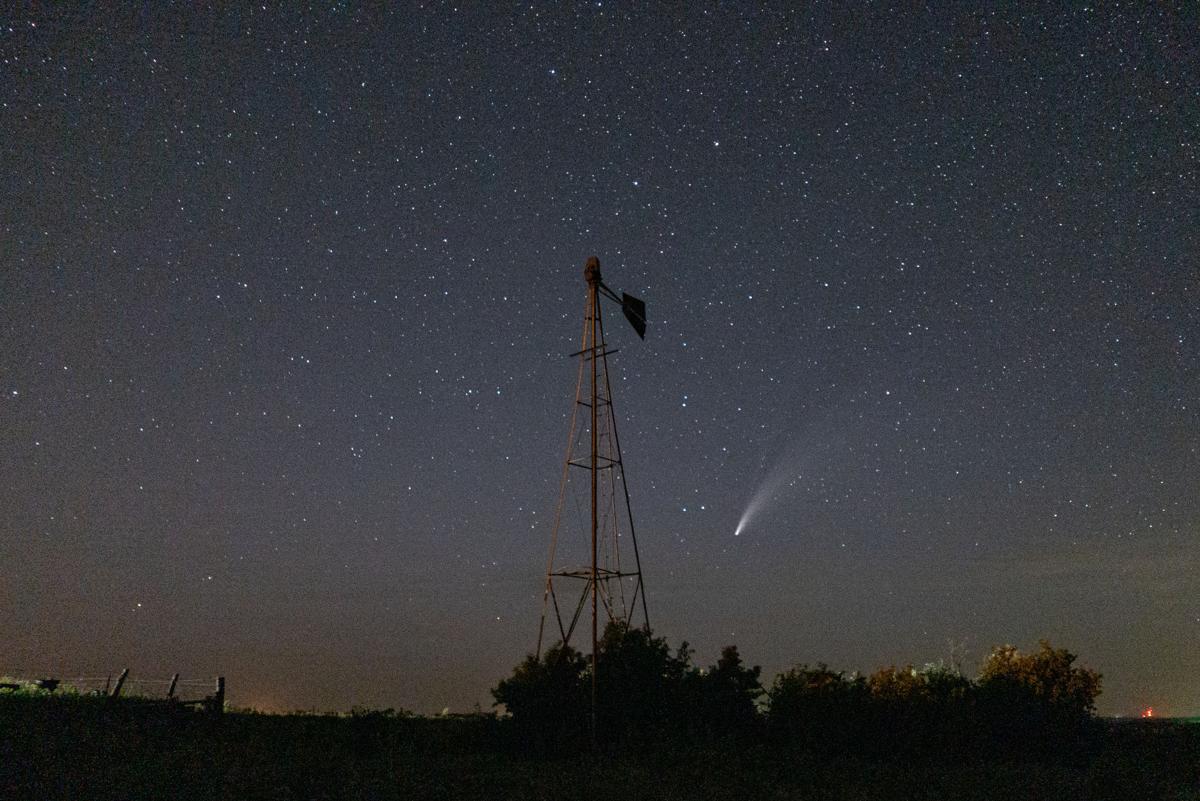 Comet NEOWISE or C/2020 F3 flies above a windmill just north of Highway 16 on Shannon Creek Road at 10:39 p.m. The comet was first identified by the infrared-optimized NEOWISE spacecraft (short for Near-Earth Object Wide-field Infrared Space Explorer) on March 27, 2020 and will be visible to the naked eye until the end of July 2020. Comet NEOWISE can be found under the Big Dipper when looking in the Northwest direction. Comet NEOWISE is traveling at a speed of 17,500 miles per hour and wonÕt be visible for another 6,800 years.