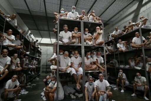 Inmates crowd a large cell at El Salvador's Terrorism Confinement Center (CECOT) mega-prison, where hundreds of members of the MS-13 and 18 Street gangs are being held