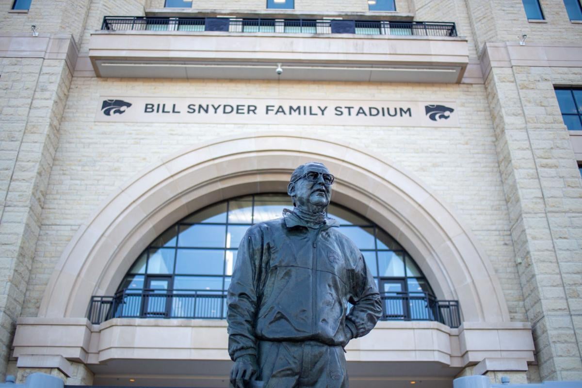 Statue of Bill Snyder rests at the front gates of Bill Snyder Family Stadium. The Kansas State Wildcats faced off against Arkansas State wolves on Saturday at Bill Snyder Family Stadium, Arkansas State beat Kansas State 35 to 31.