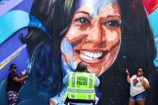 A mural of presidential nominee Kamala Harris is seen outside the United Center ahead of the Democratic National Convention in Chicago, Illinois