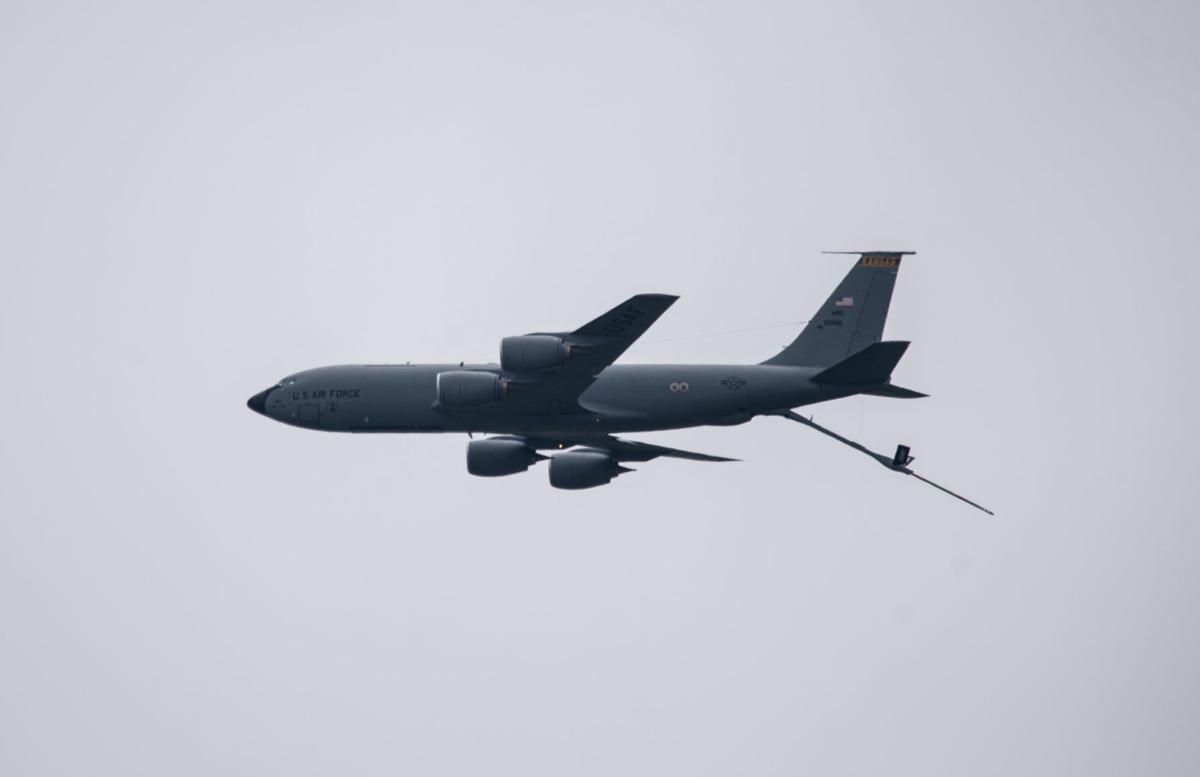 A KC-135 piloted by the Kansas Air National Guard flies near Ascension Via Christi Hospital on Tuesday as part of the mission, Operation Kansas Strong. The mission was a salute to healthcare and frontline workers affected during the coronavirus pandemic.