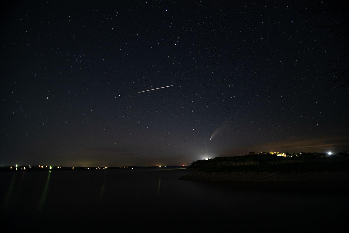 Comet NEOWISE or C/2020 F3 flies above Tuttle Creek Lake on Thursday evening at 10:41 p.m. The comet was first identified by the infrared-optimized NEOWISE spacecraft (short for Near-Earth Object Wide-field Infrared Space Explorer) on March 27, 2020 and will be visible to the naked eye until the end of July 2020. Comet NEOWISE can be found under the Big Dipper when looking in the Northwest direction. Comet NEOWISE is traveling at a speed of 17,500 miles per hour and won’t be visible for another 6,800 years.