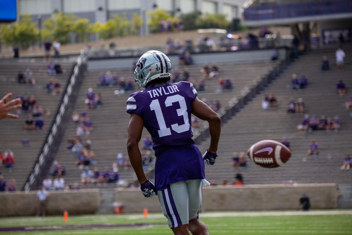 Chabastin Taylor, junior wide receiver, goes back in position after impressive run. The Kansas State Wildcats faced off against Arkansas State wolves on Saturday at Bill Snyder Family Stadium, Arkansas State beat Kansas State 35 to 31.