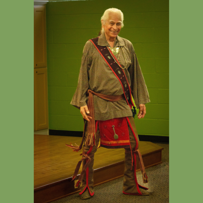 Fred Bradley, Cherokee Storyteller in a traditional Cherokee wardrobe