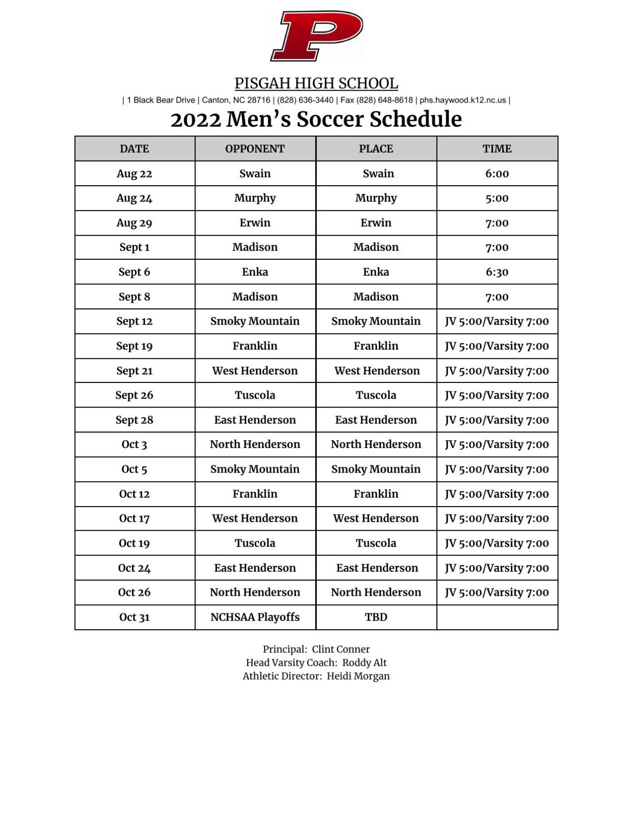 202223 Pisgah Boys' Soccer Schedule