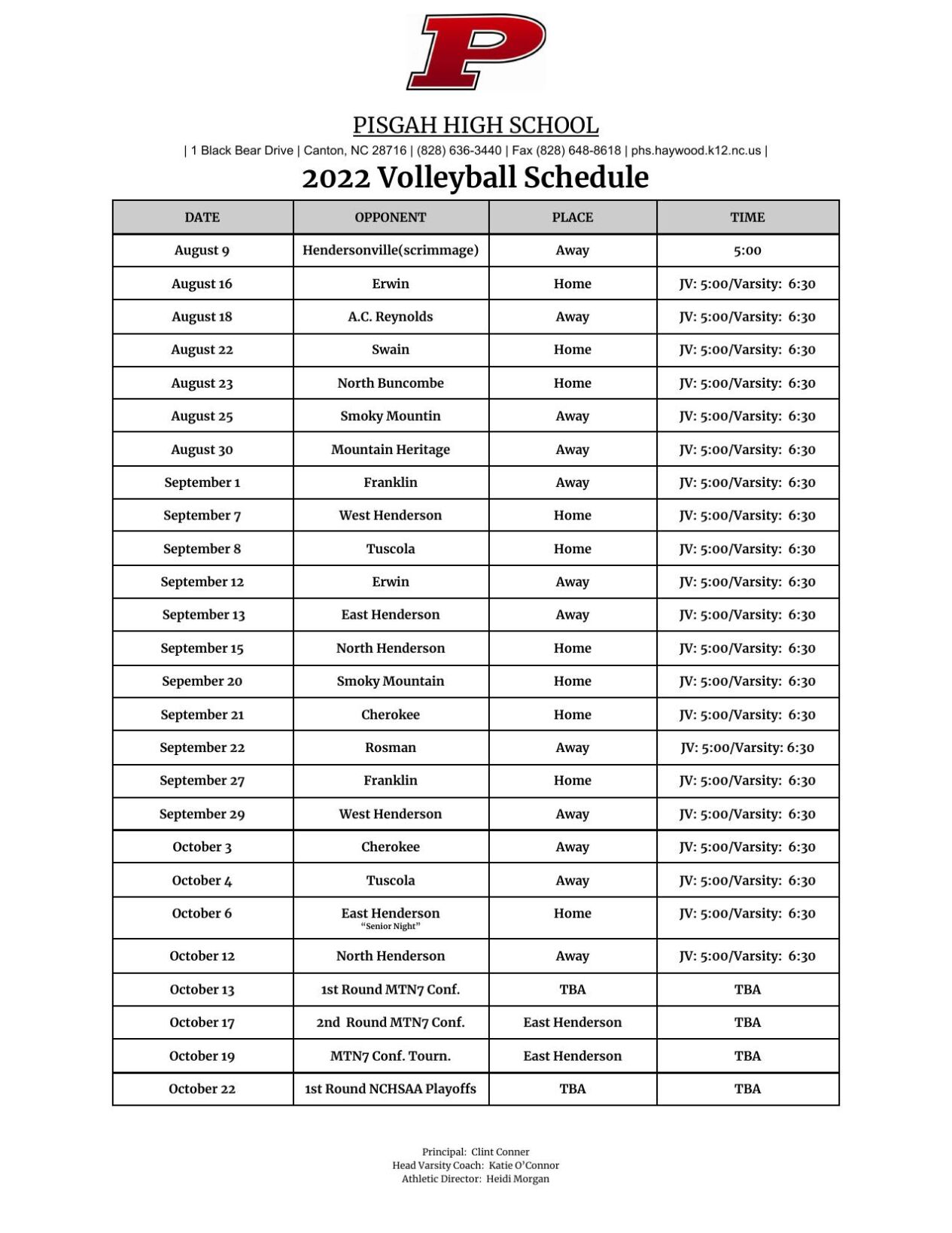 202223 Pisgah Volleyball Schedule