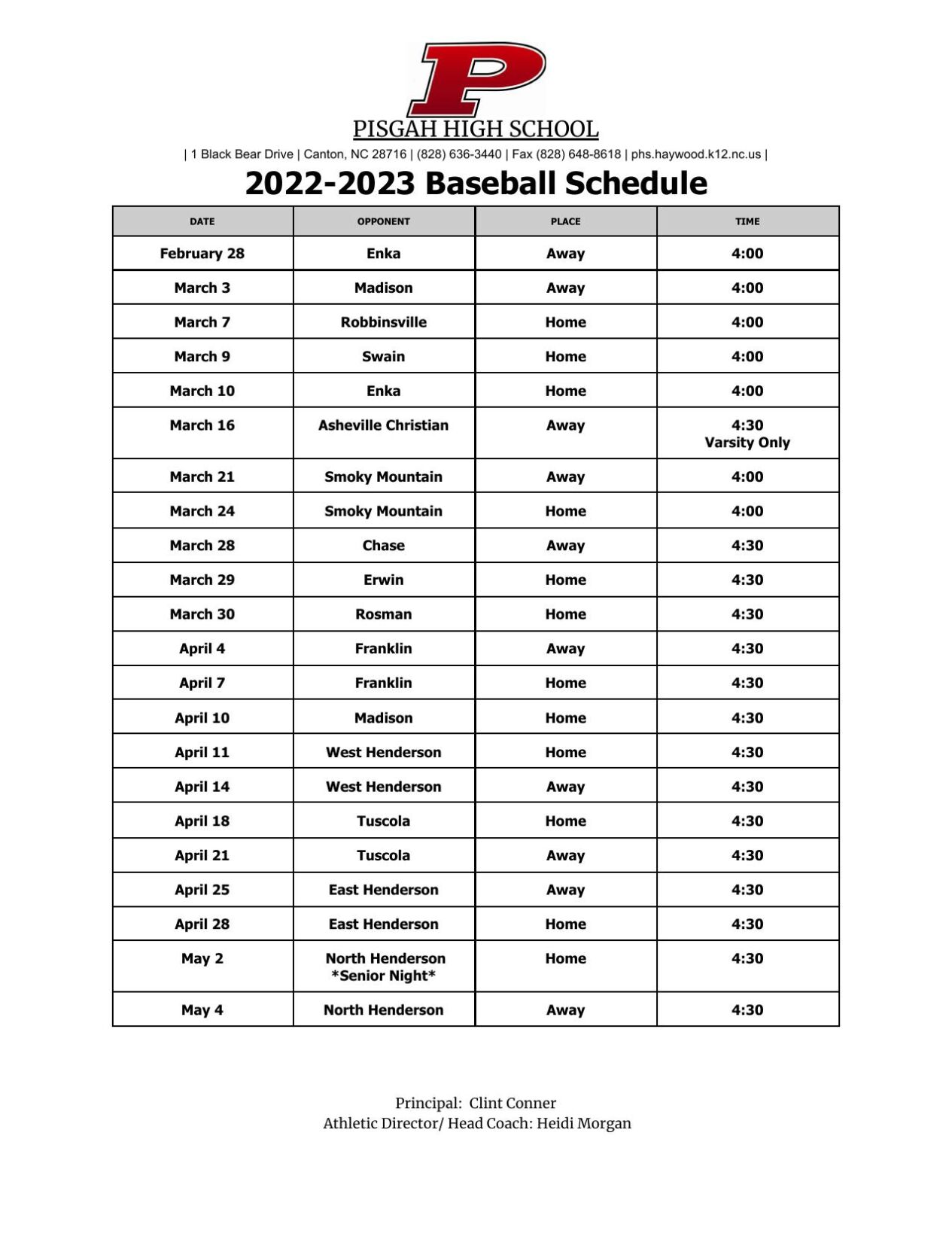 20222023 Pisgah Baseball Schedule