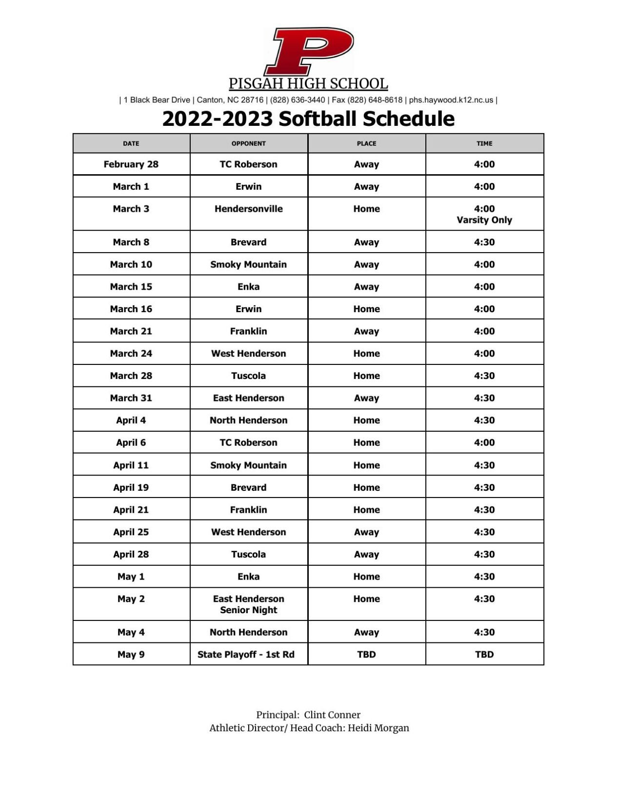 20222023 Pisgah Softball Schedule