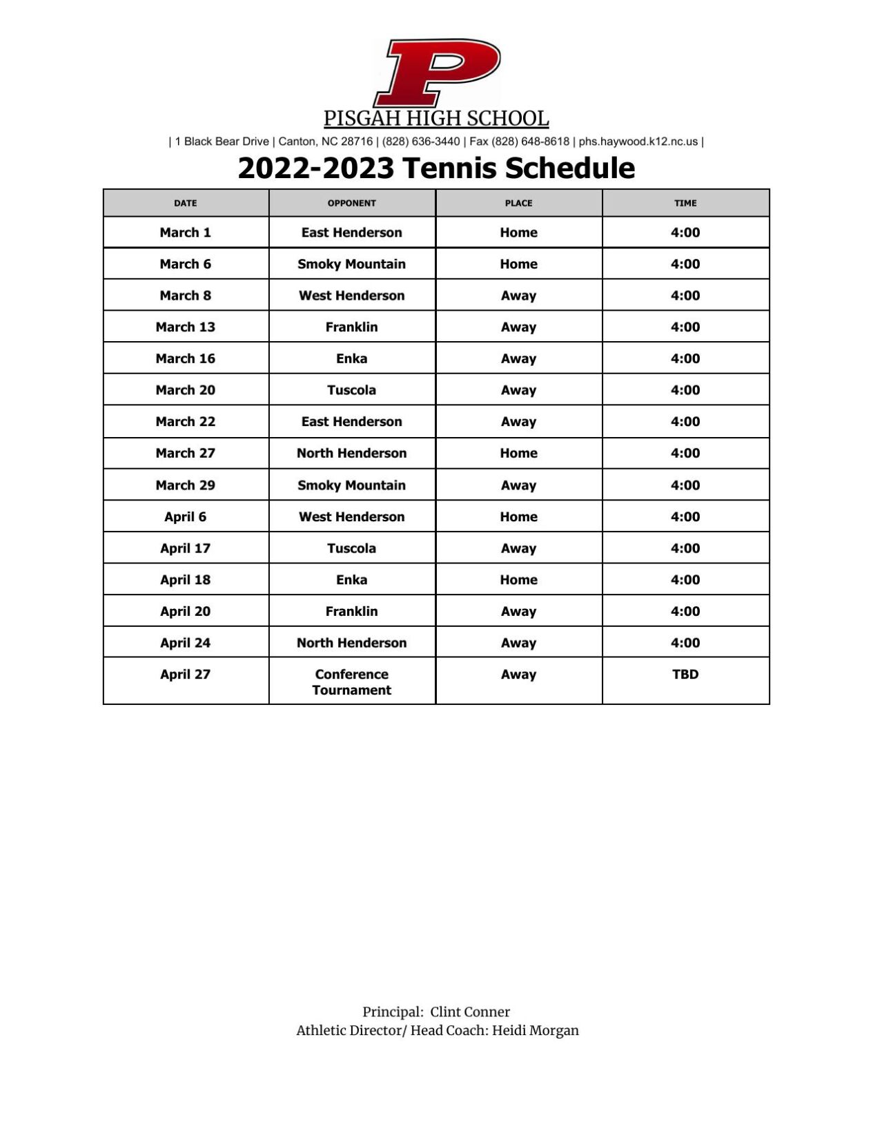 20222023 Pisgah Boys Tennis Schedule