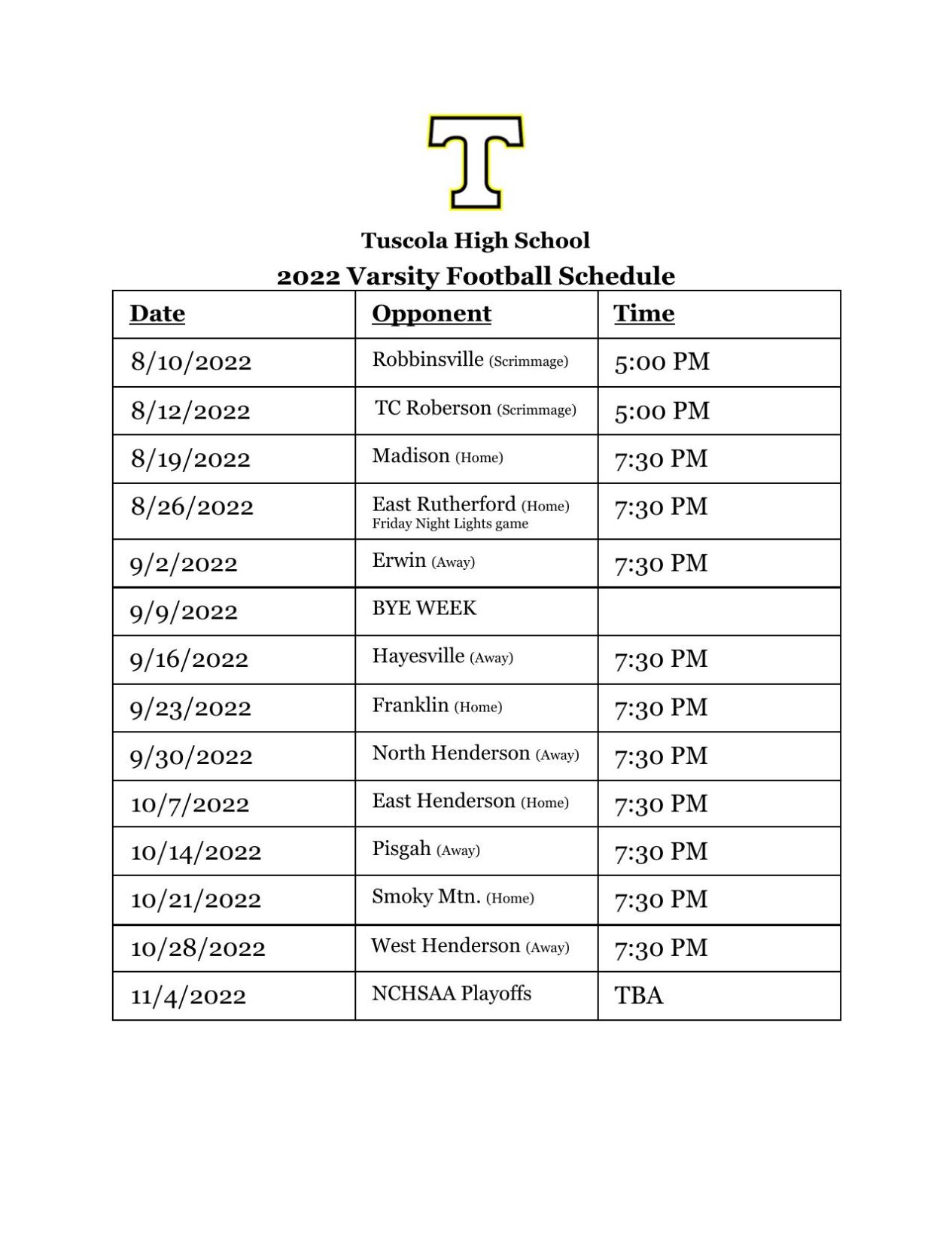 202223 Tuscola Varsity Football Schedule