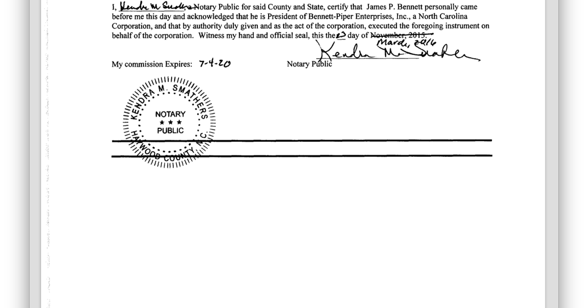 Property deed with alleged forgery of notary signature and stamp ...
