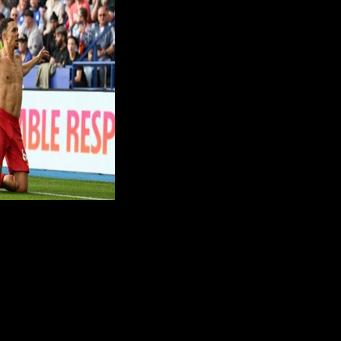 Liverpool's Trent Alexander-Arnold celebrates after scoring at Leicester