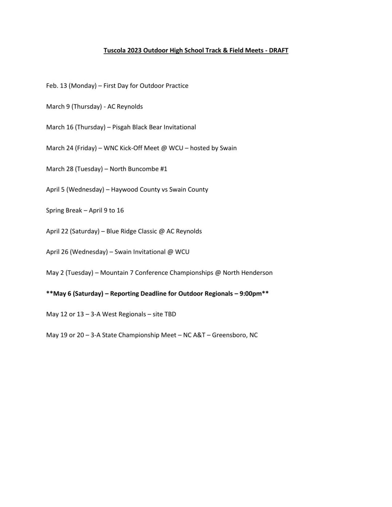 202223 Tuscola Track and Field Schedule