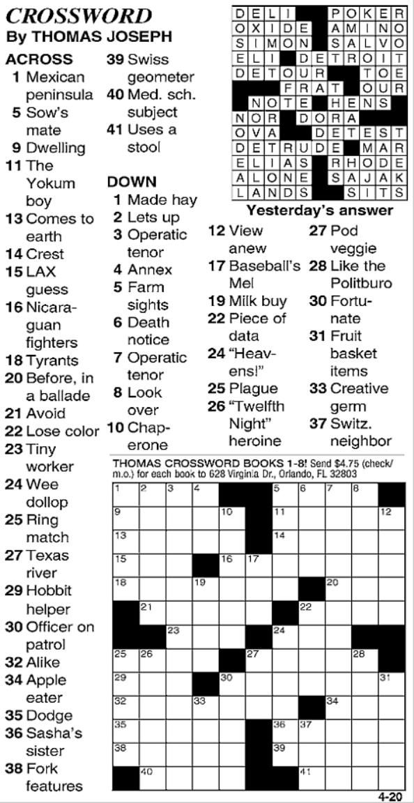 Crossword for April 20th, 2018 Crosswords