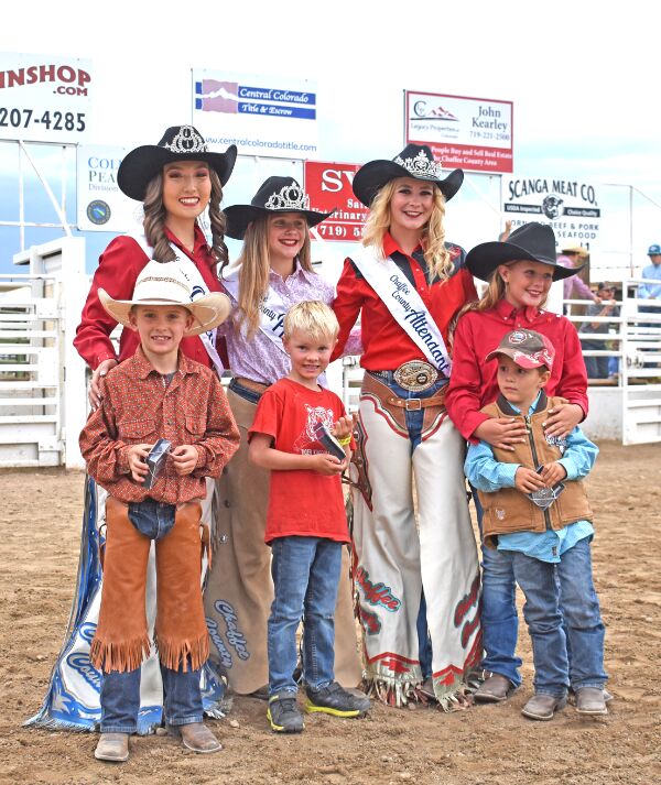 Muttin’ bustin’ winners Jackson Gillespie, 7, Eli Spanier, 6, and Brenna Coleman