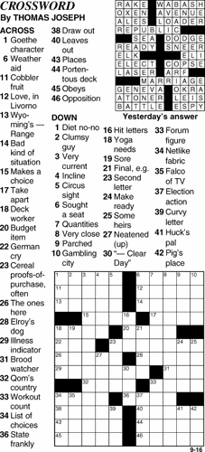 Crossword for September 16th | Crosswords | themountainmail.com