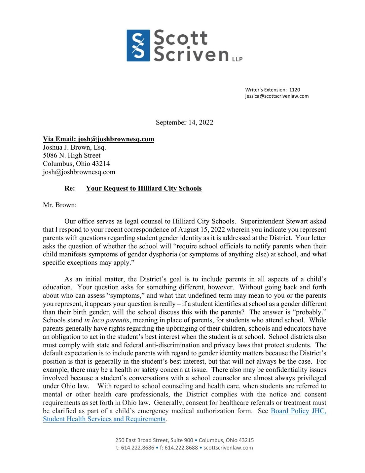 Hilliard City Schools legal response to parents' attorney Joshua Brown