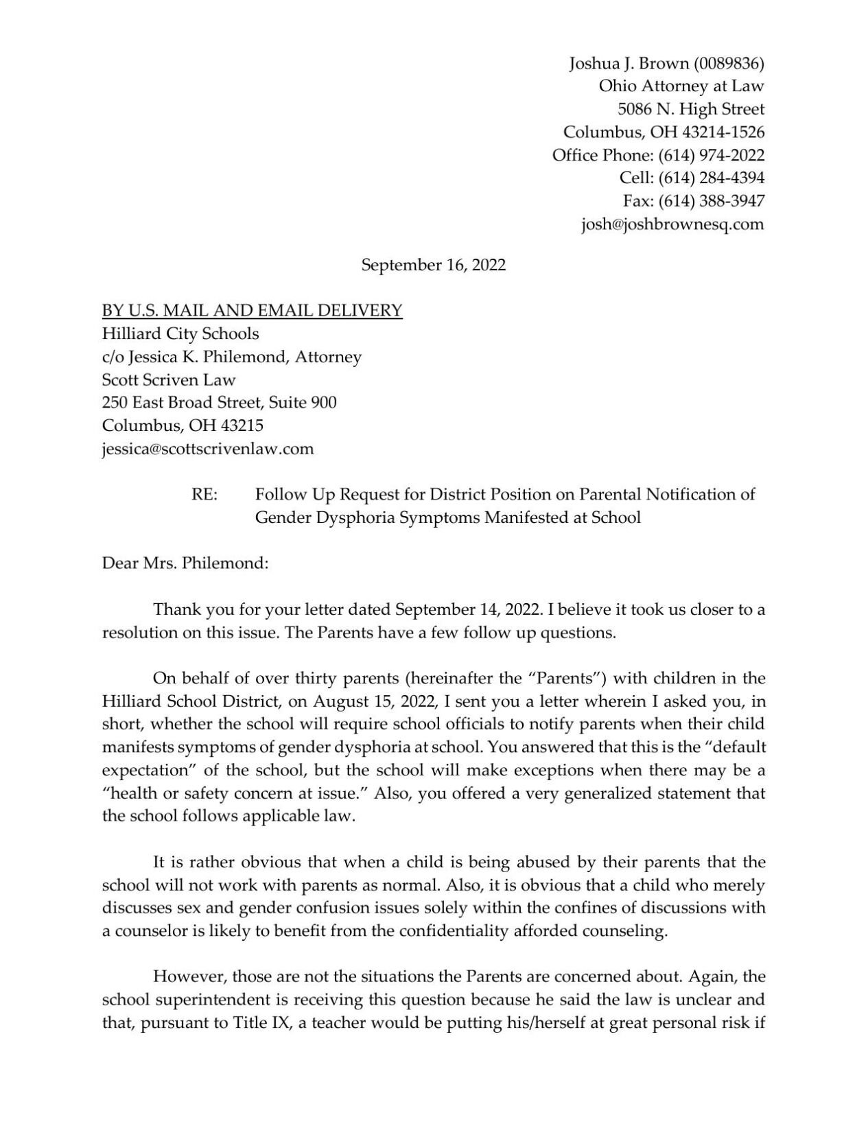 Parents' second letter to Hilliard City Schools