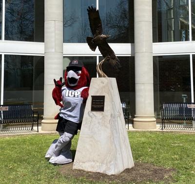 Crimson Hawk statue decorates the Oak Grove