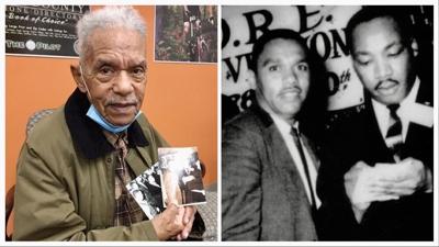 Herman Thompson in 2021, left, and with the Rev. Martin Luther King Jr. in 1964.
