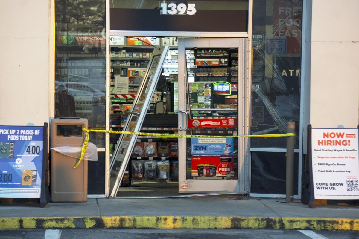 Damage left by a car that struck the entrance of a Circle K store in Southern Pines on Dec. 28, 2021.