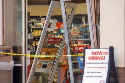 Damage left by a car that struck the entrance of a Circle K store in Southern Pines on Dec. 28, 2021.