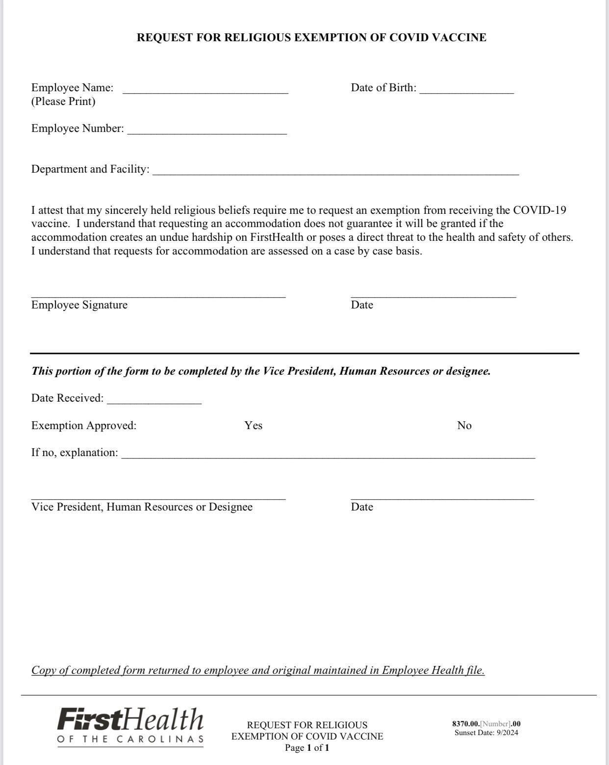 Copy Of The Religious Exemption Request Form For FirstHealth Employees 