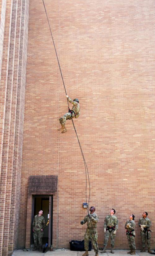 ROTC rappels down library