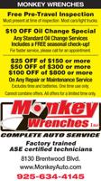 FREE Inspection / $10 Off Oil Change Special / up to $100 Off Repair or Maintenance at Monkey Wrenches