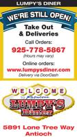 OPEN for Take Out & Deliveries from Lumpy's Diner