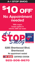 $10 Off at A-1 Stop Smog - No appointment needed!
