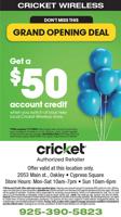 GRAND OPENING DEAL $50 account credit at Cricket Wireless*