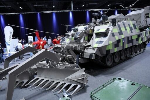 An armoured breaching vehicle made by German company Rheinmetall is displayed at the International Defence and Security Fair in Madrid on May 12, 2025