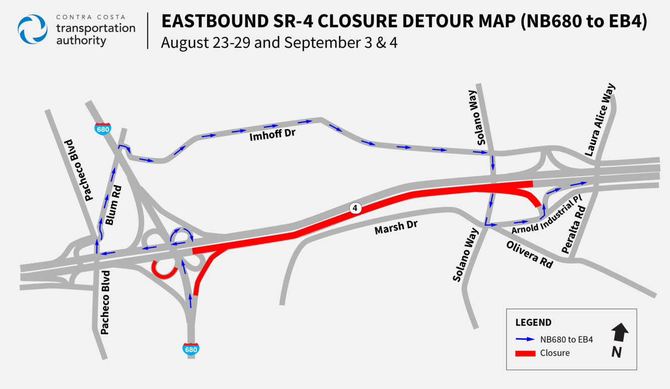Full nighttime closures of SR4 at the I680 Interchange in Pacheco