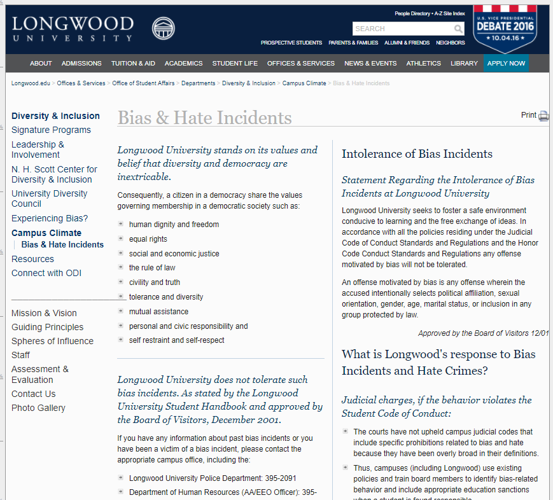 Screenshot of Longwood's former bias incident reporting page
