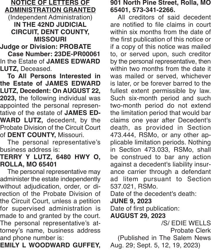 NOTICE OF LETTERS OF