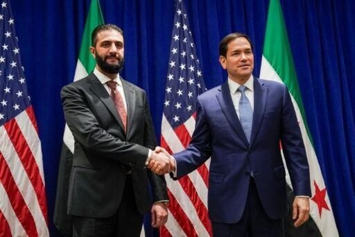 Syrian President Ahmed al-Sharaa meets top US diplomat Marco Rubio (R) on the sidelines of the United Nations General Assembly meeting in New York on September 22, 2025