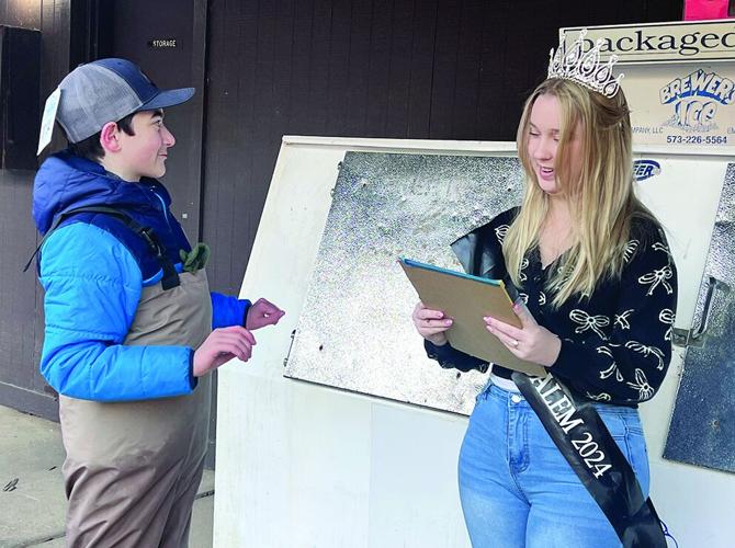 Matthew Kraus, Fenton, caught his first lunker – a 3 lb. 3 oz. rainbow trout. He gave the information to Miss Salem 2024 Neely Leathers who helped record anglers on the lunker board at the lodge.