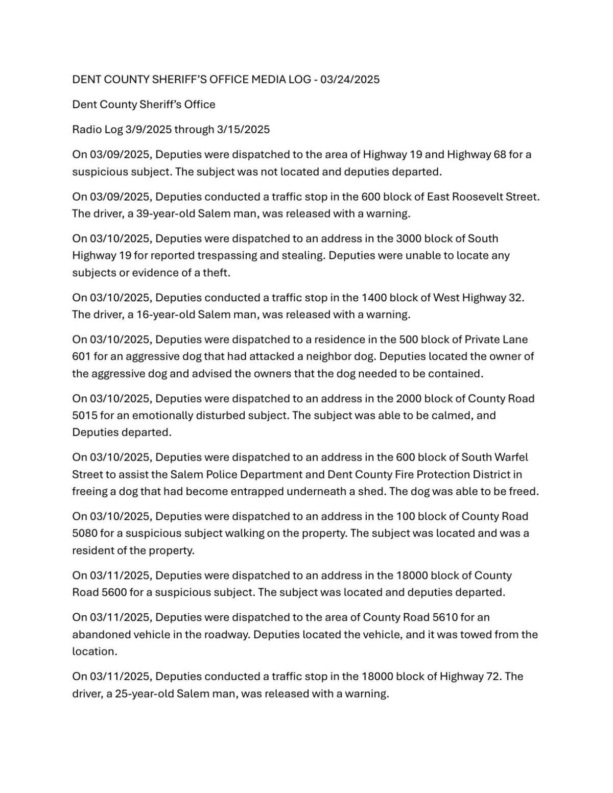 DENT COUNTY SHERIFF’S OFFICE MEDIA LOG - 03/24/2025